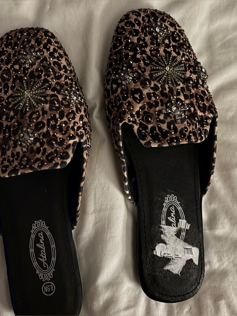 Leopard-Print Embellished Slip-On Mules in Brown